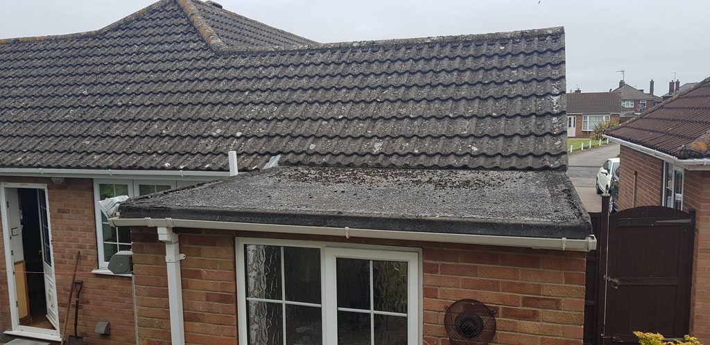 A flat roof with a layer of debris and moss is visible, adjacent to a brick house. The surrounding area includes a sloped roof and nearby houses, with a cloudy sky overhead.